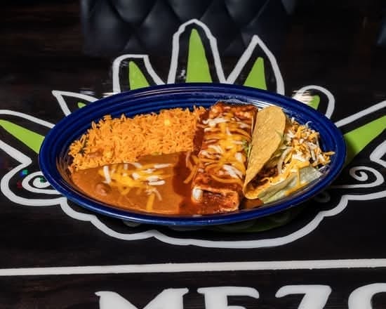 One Taco, One Enchilada, Rice and Fried Beans.