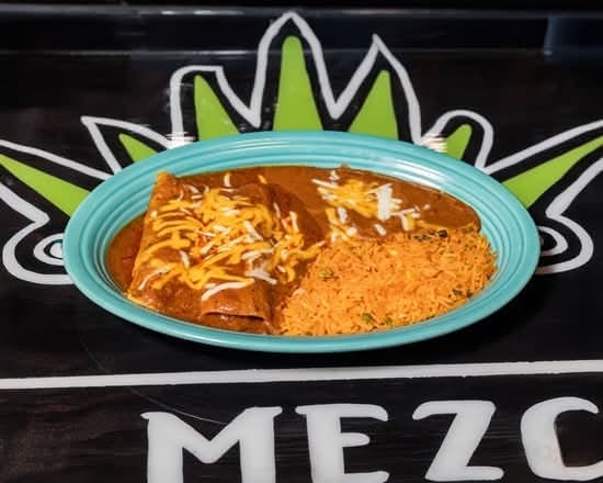 Two Enchiladas, Rice and Fried Beans.